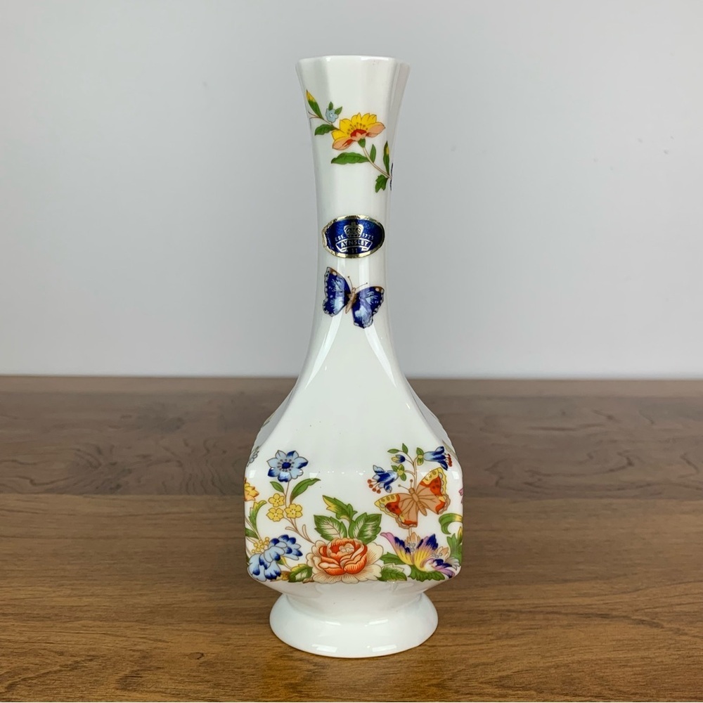 Aynsley Vase Cottage Garden Fine Bone China Made England Vtg Butterfly Flowers
